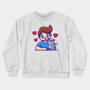 Cute Boy With Cat Cartoon Crewneck Sweatshirt